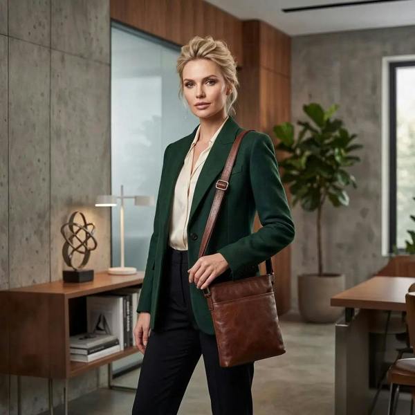 Woman in a green blazer with a cognac leather bag in an office setting