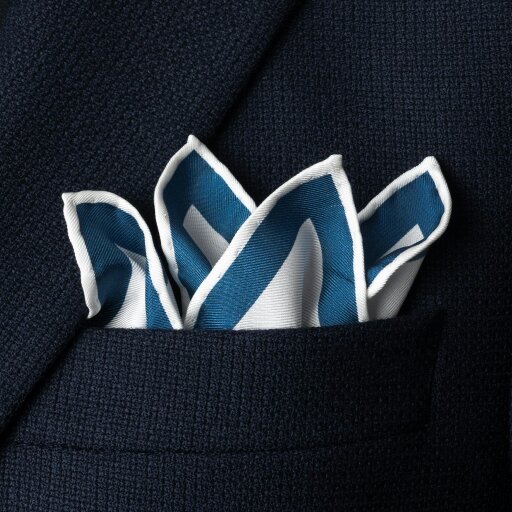 Otway & Orford 'Chronos' watch design silk pocket square in white with blue & grey (42 x 42cm)
