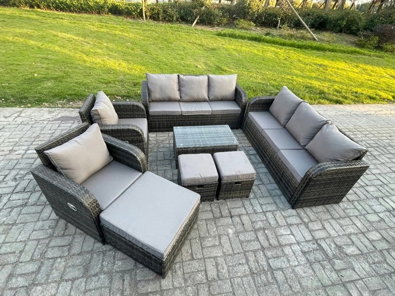 Fimous Rattan Outdoor Garden Furniture Sofa Set Patio Table & Chairs Set with 3 Seater Sofa Reclining Chair 3 Footstools 3 Seater Sofa Dark Grey Mixed