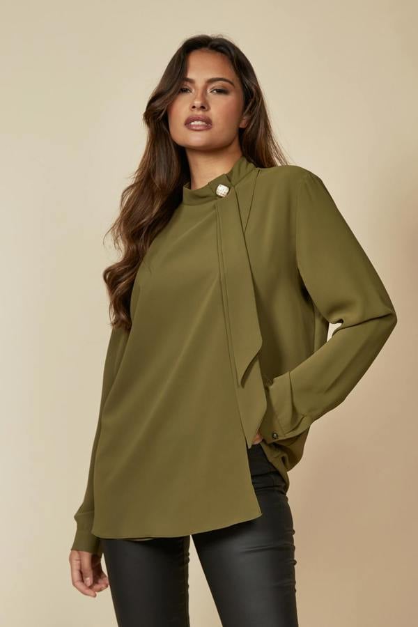 Hoxton Gal Oversized High Neck Top with Brooch Details in Khaki
