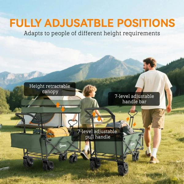 Green height-adjustable camping cart with retractable canopy and adjustable handle bar