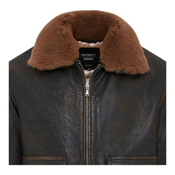 Infinity Leather Men's Brown Leather Bomber Sheepskin Collar G-1 Pilot Jacket - Trick