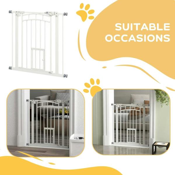 White pressure-fit stair gate with vertical bars, installed at an entry.