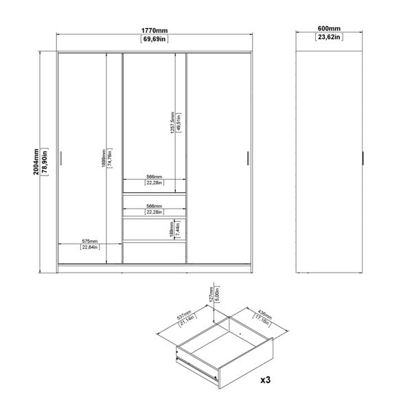 Furniture To Go Naia Wardrobe with 2 sliding doors + 1 door + 3 drawers in White High Gloss