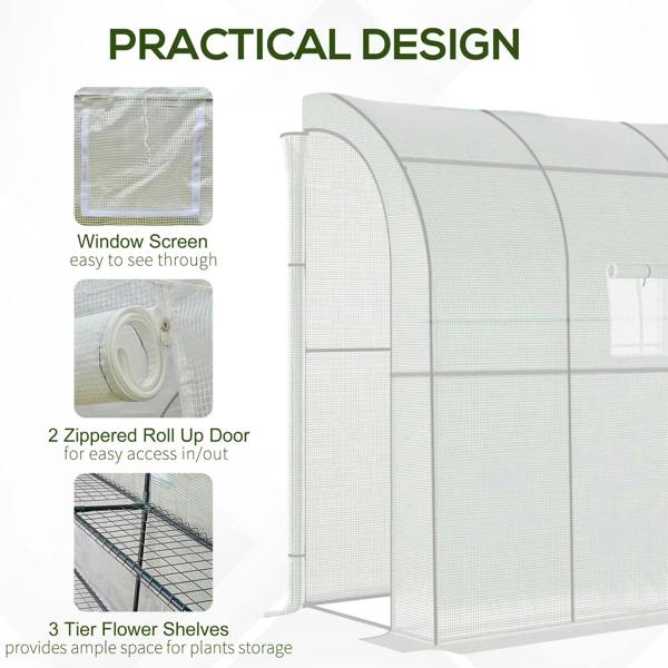 White greenhouse tunnel with mesh cover, window screen panel, and roll-up access door