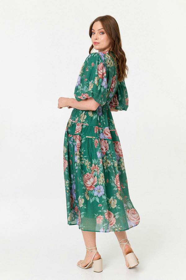 Green | Floral Puff 1/2 Sleeve Tiered Midi Dress
