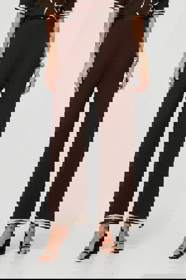 Brown | Floral Trim Top & Trousers Co-Ord Set
