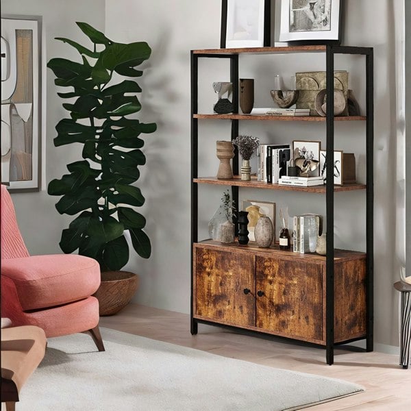 Rafaelo Mobilia Industrial Bookcase With 3 Shelves & Cupboard