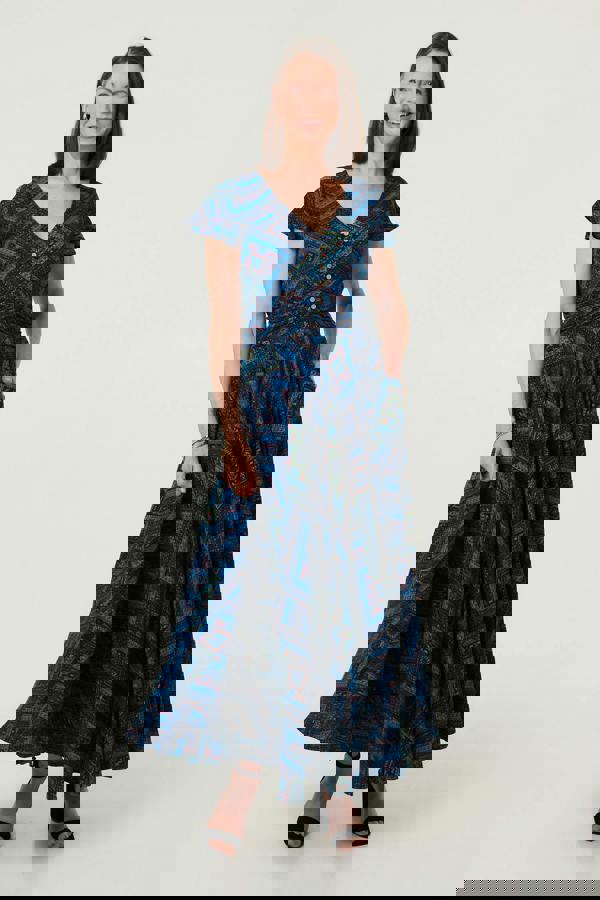 Blue | Geo Print Cap Sleeve Ruched Maxi Dress