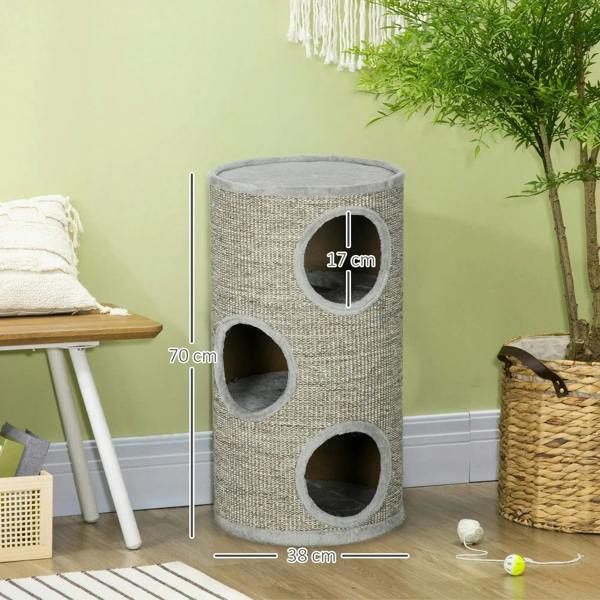 Light grey cat climbing frame cylinder covered in sisal, with three round openings and top resting