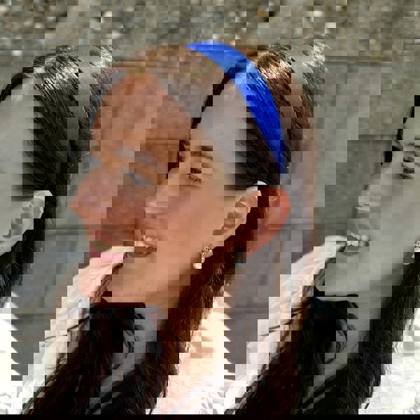 Royal Blue Hair Band, Worn View, Bold Blue Satin Headband, Classic Statement Hair Accessory, Elegant Everyday Hairband, Vintage Inspired Blue Headpiece