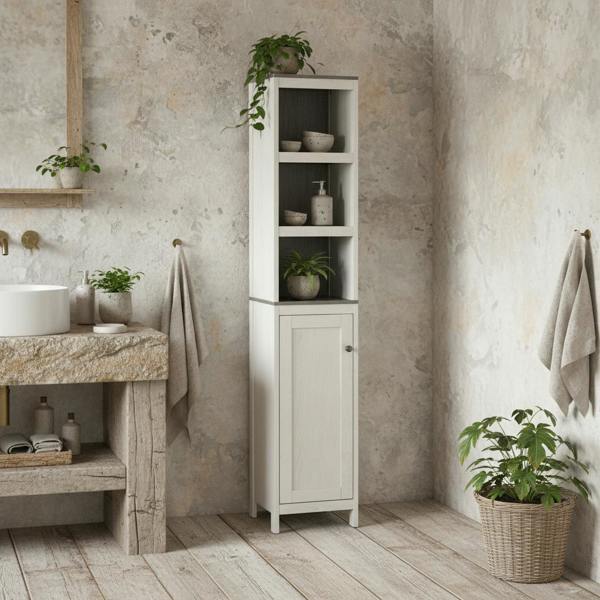 Wyld Haus Salata Tall Freestanding Bathroom Storage Cabinet With Open Shelves And Adjustable Interior Antique White