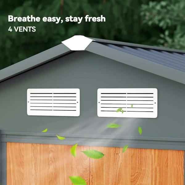 Metal shed roof with two rectangular ventilation vents for airflow