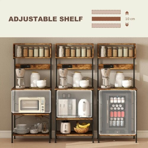 Bobobiy Bakers Rack with Power Outlet, Microwave Stand with Adjustable Shelves, 5 Hooks for Small Spaces, Rustic Brown