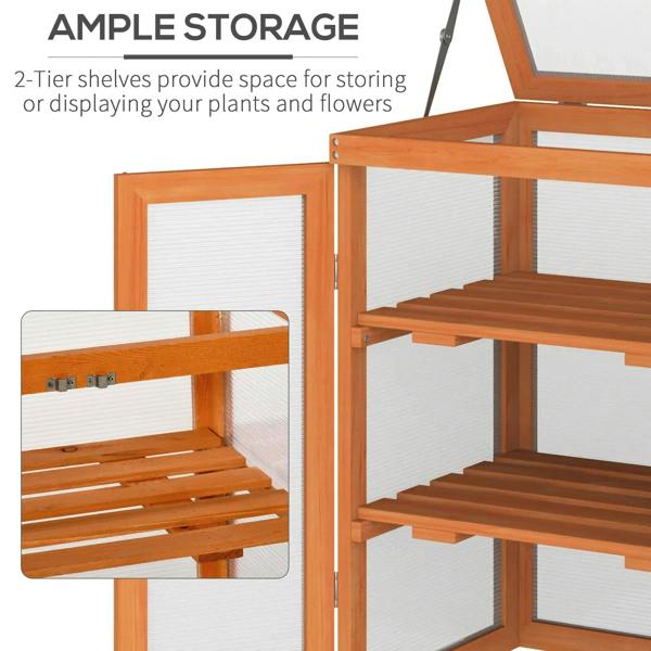 Wood greenhouse cold frame interior with two-tier wooden shelves behind clear panels