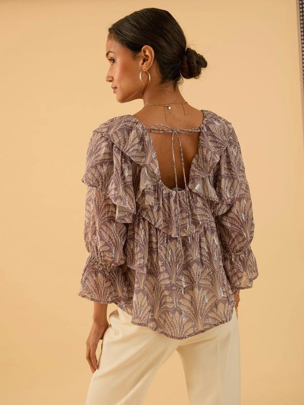 Rose & Nancy Olivia Pink Mink Sparkle Print Ruffle Blouse