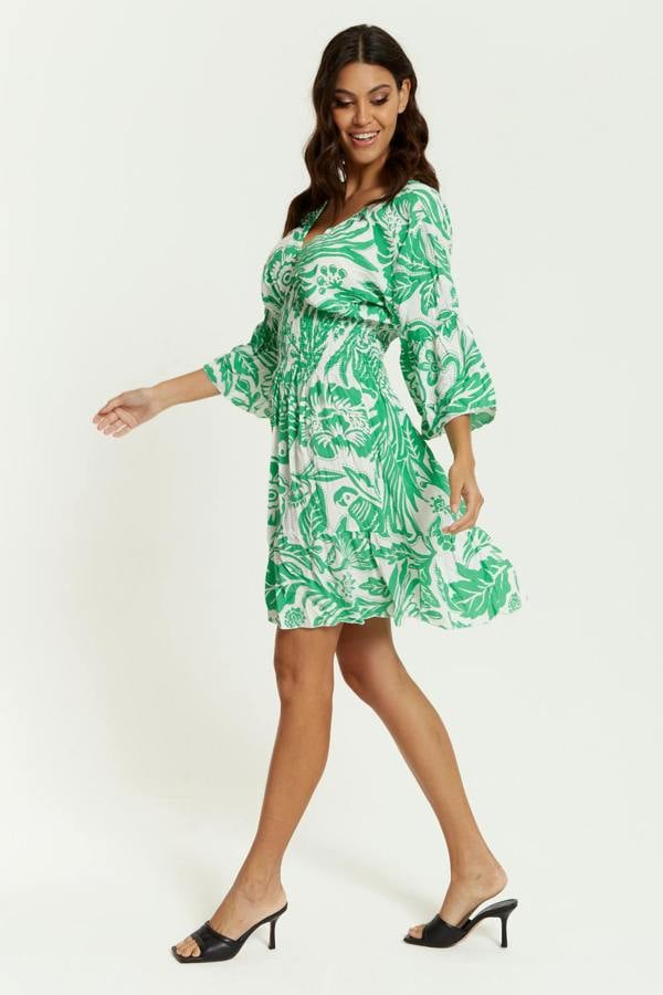 Hoxton Gal Oversized V Neck Detailed Floral Print Mini Dress in Green and White