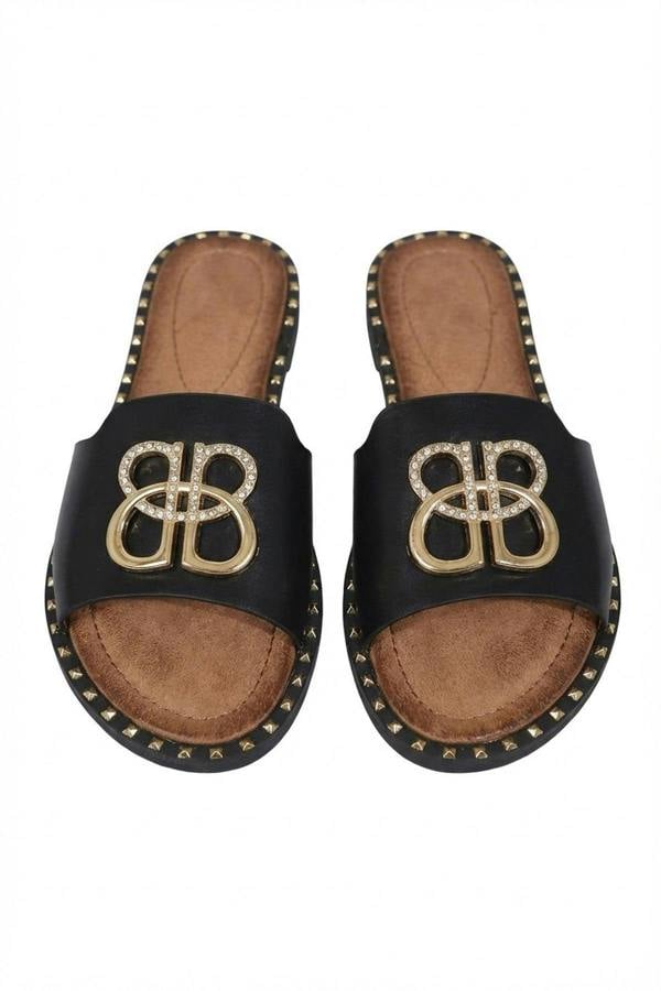 Abby Sparkle Buckle Gold Studded Flat Sandals - Black_wb