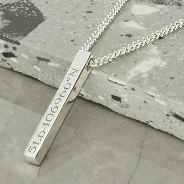 Christopher James of London Mens Silver 3D Engraved Bar Pendant Necklace