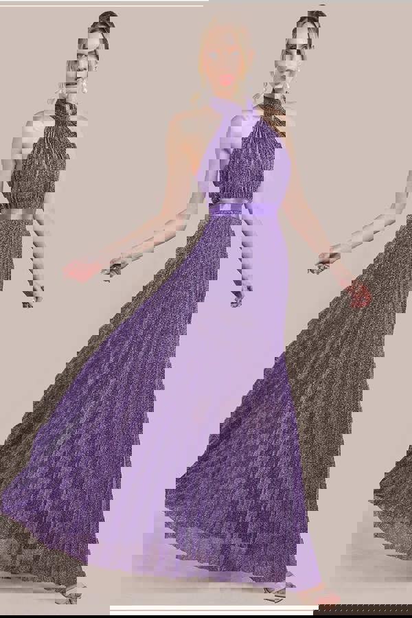 Lurex Halterneck Pleated Maxi Dress - Purple DR3429