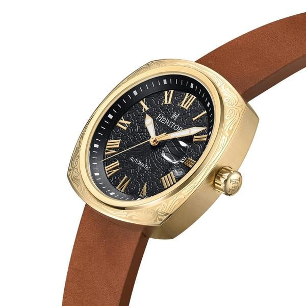 Heritor Automatic Davenport Engraved-Case Leather-Band Watch w/ Date - Gold/Brown - HERHS3203