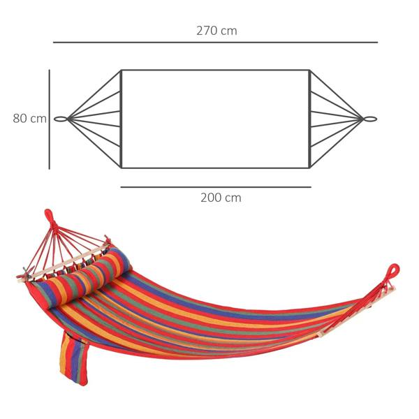 Rainbow striped hammock swing chair with headrest; size diagram shows 270 cm length