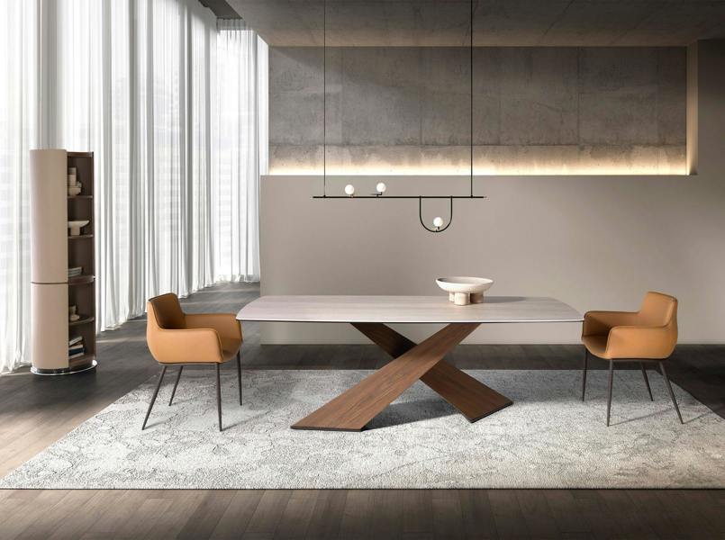 Angel Cerdá Oval dining table with barrel-shaped porcelain marble and walnut top 1175