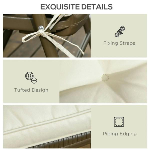 Cream seat cushion details: fixing straps and piped edging along the seam