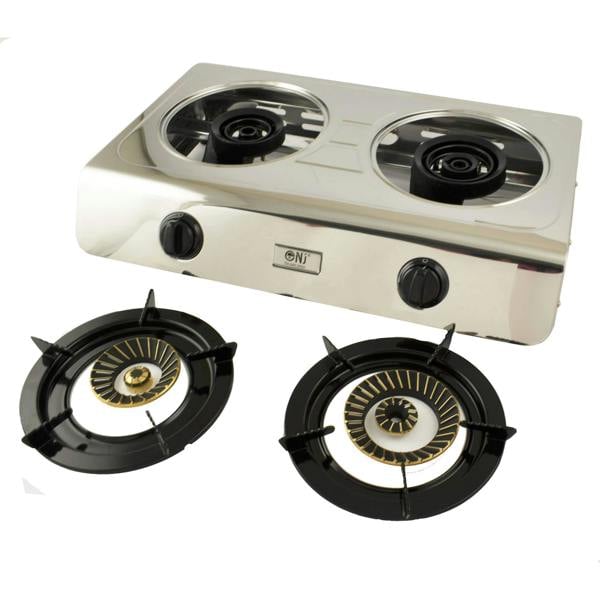 Stainless steel gas stove with two burners and removable pan stands