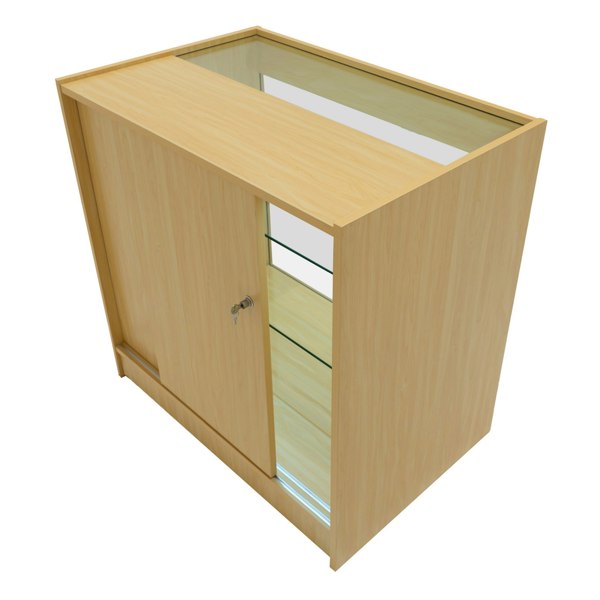 Hera LED Shop Counter Set in maple finish, featuring a sleek design, glass top, sliding door, and interior shelving for display