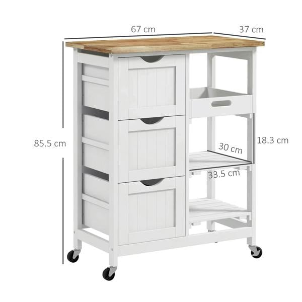 White rolling cart with wood top, multi-level drawers, and open side shelf.