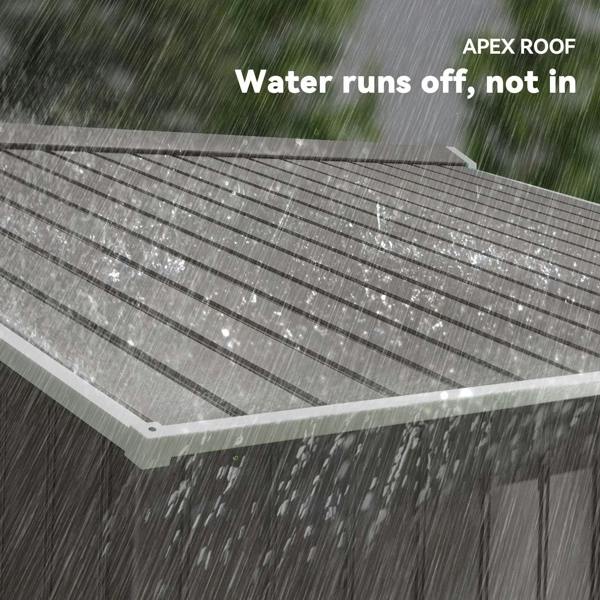 Grey metal storage shed roof with water running off along the edge under rain