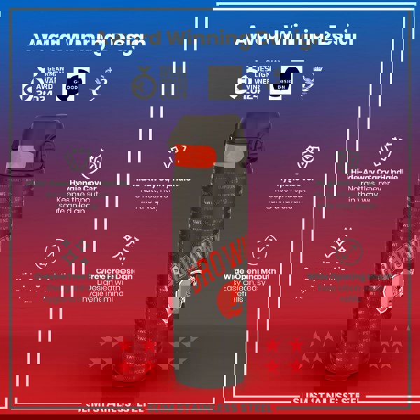 A slim stainless steel water bottle, featuring a hide-away handle and a wide opening mouth for easy cleaning, is shown against a red and purple background; it displays multiple award logos.