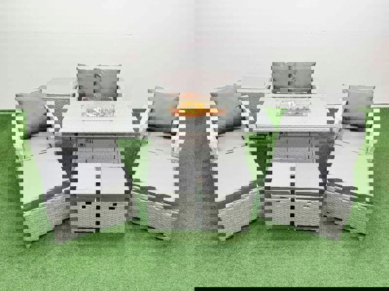 Fimous PE Rattan Lounge Sofa Set 8 Seater Outdoor Garden Furniture Set with Gas Fire Pit Table Love Sofa 4 Footstools Side Table Light Grey