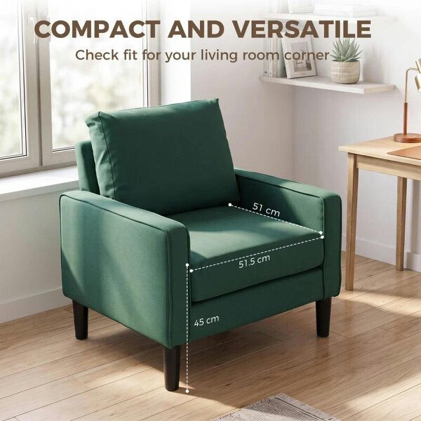 Accent Chair, Removable Pillow Linen Armchair with Comfy Spring Cushion for Living Room, Bedroom, Study, Dark Green