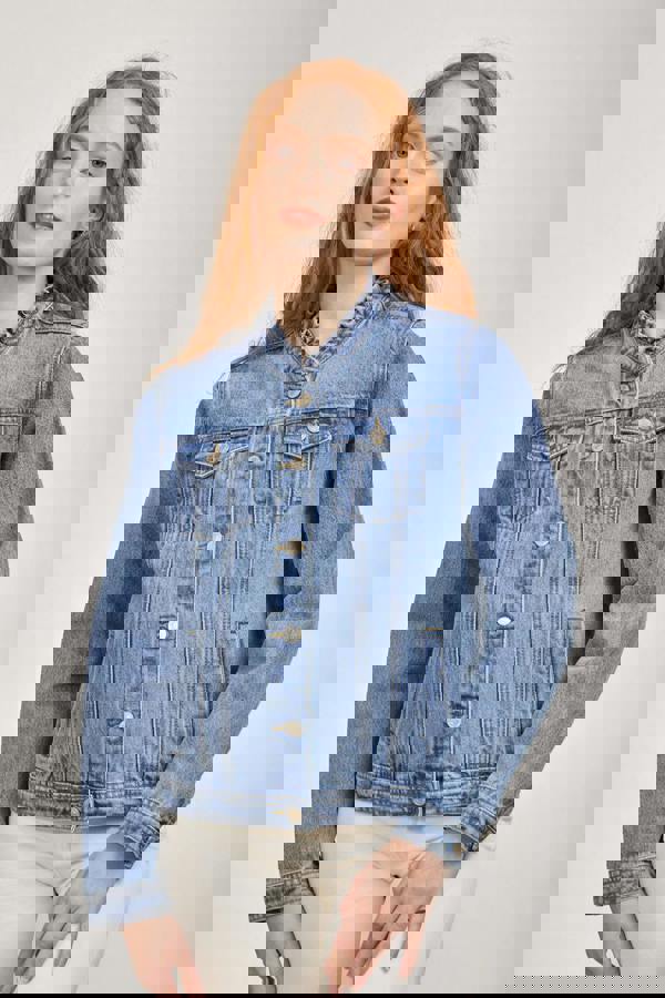 Mudflower Ruffle Neck Denim Jacket