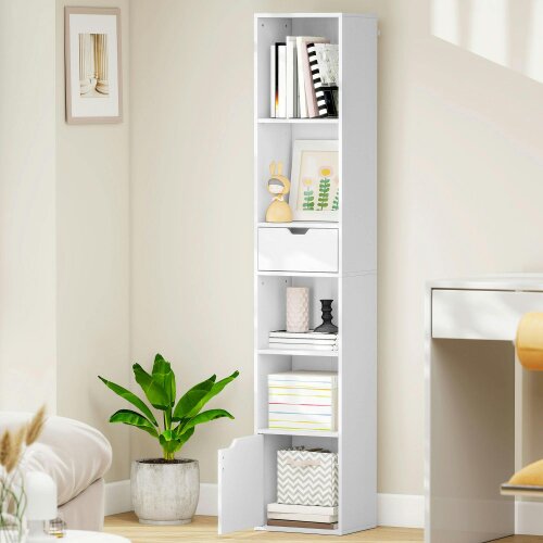 Wyld Haus Kesura Wooden White Tall Narrow 6 Tier Bookcase With Drawer And Door