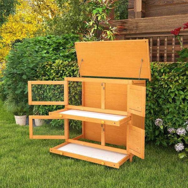 Wooden guinea pig hutch with open top, side wire mesh panel, and sliding tray