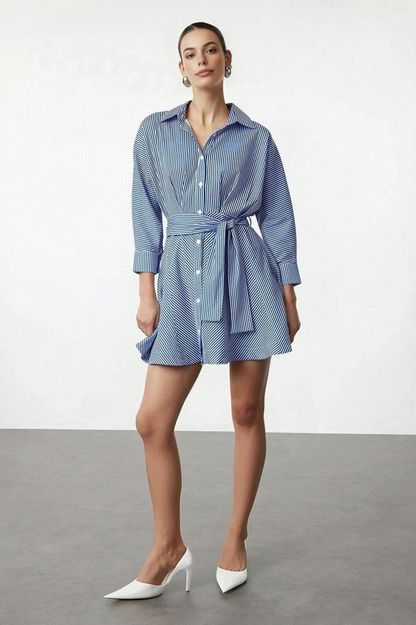 WOVCOR Striped Mini Woven Shirt Dress with Belt Detail
