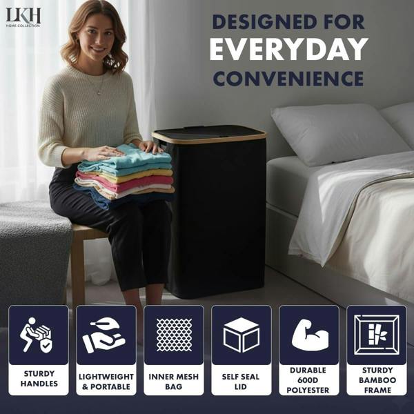 LKH HOME COLLECTION LKH Laundry Basket with Lid 100 Litre-600D Polyester Clothes Hamper-Laundry with Bamboo Handles-44x33x70cm