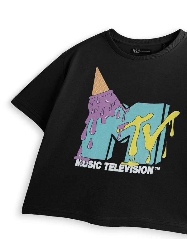 MTV Womens Black Ice Cream Cropped Short Sleeved T-Shirt