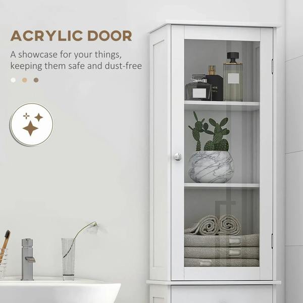 White bathroom cabinet with acrylic-style transparent door and three storage shelves