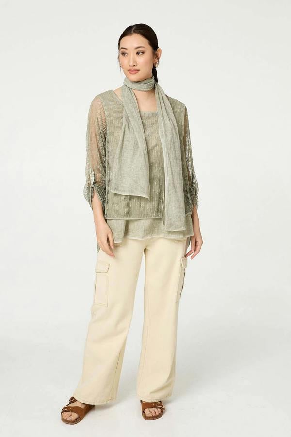 Khaki | Sparkly Mesh Scarf Detail Layered Top