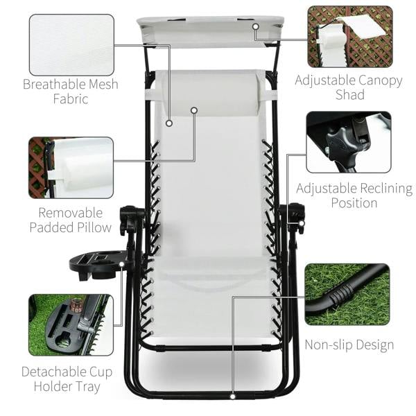 White folding patio sun lounger with adjustable canopy and detachable cup holder tray