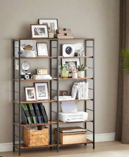 Modcraft 6-Tier Industrial Bookshelf with Steel Frame – Rustic Brown & Ink Black Tall Storage Shelf, 120 cm Wide