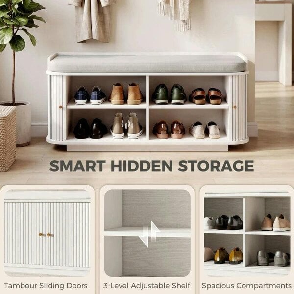Bobobiy Hallway Storage Unit, Hallway Furniture Set with Shoe Storage Cabinet and 5 Hooks Coat Rack, White