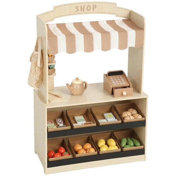 Bobobiy Pretend Play Shop, Wooden Kids Grocery Store Playset with Play Food, Cash Register, Chalkboard, 61 Accessories for 3-8