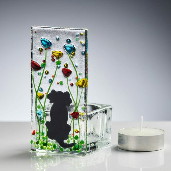 Handmade Fused Glass - Tea Light Holder - Dog - Wildflower