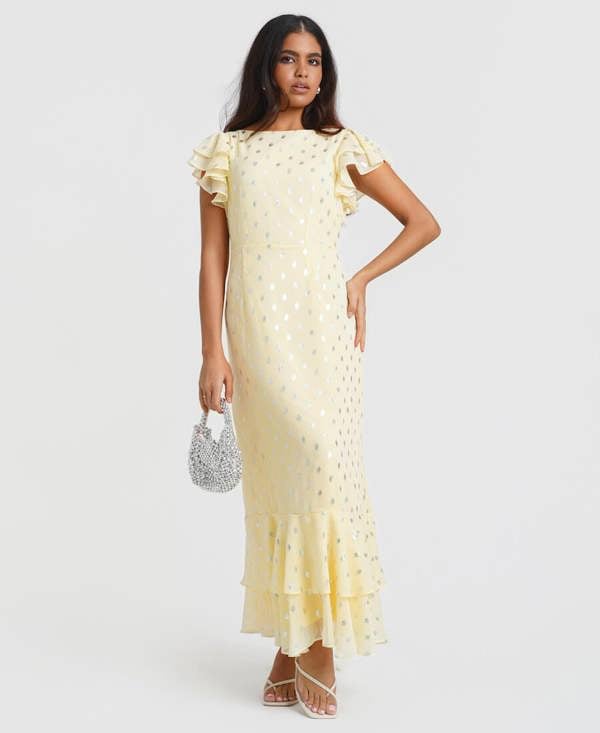 Lemon Flutter Sleeve Foil Midi Dress
