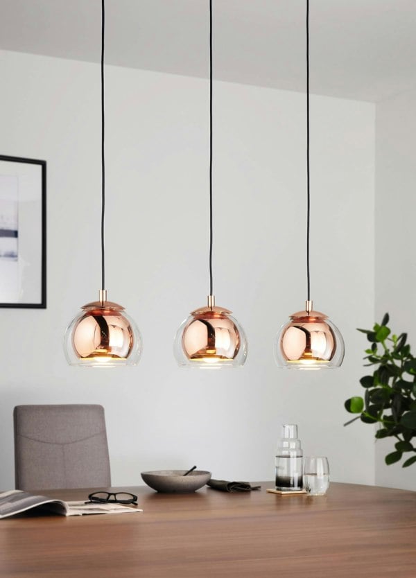 EGLO Rocamar 3-Light Copper Pendant With Outer Glass Shades